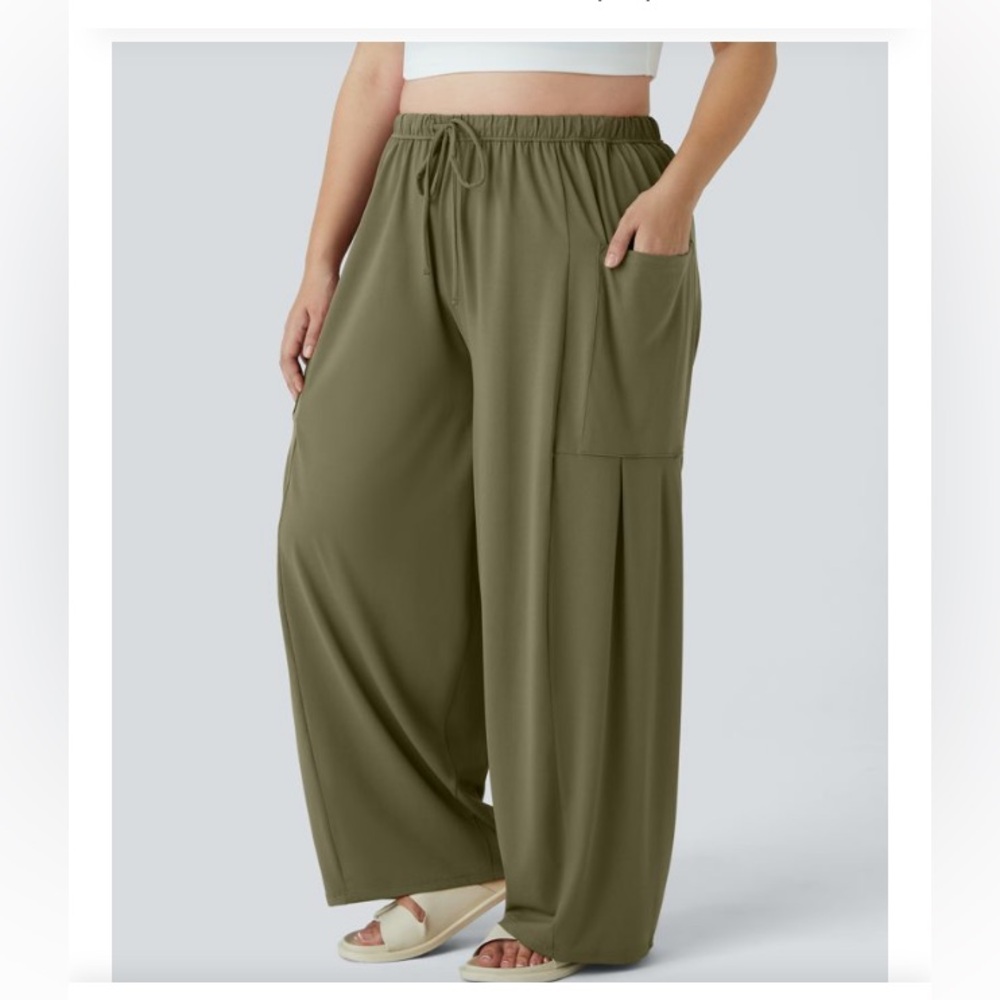 HALARA Olive mid-rise relaxed fit Wide-Leg pocket Pants - Picture 3 of 6